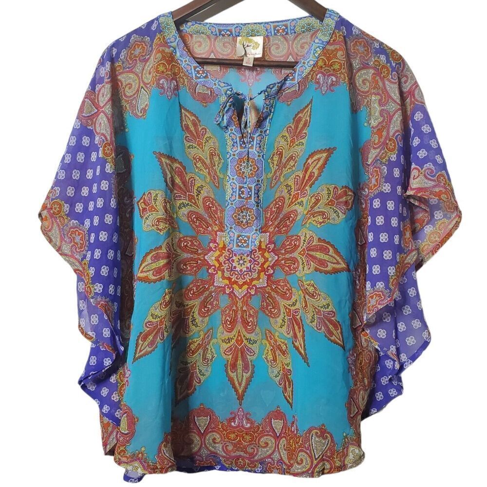 Fig & Flower Bohemian  Peasant Top Blouse Size S Peacock Boho Art Womens